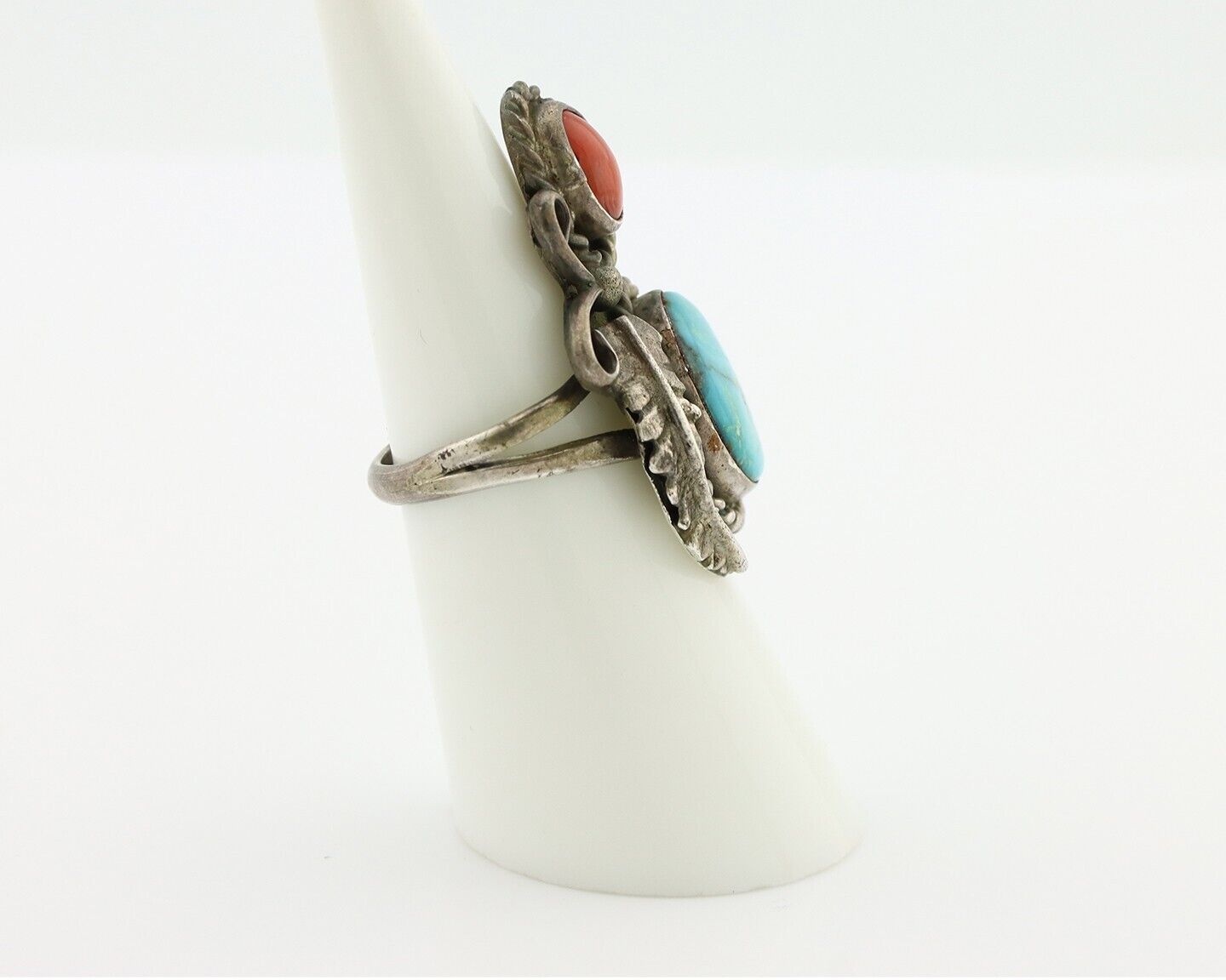 Navajo Handmade Ring 925 Silver Turquiose & Coral Native American Artist C.80's