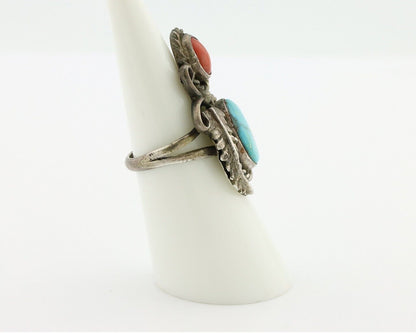 Navajo Handmade Ring 925 Silver Turquiose & Coral Native American Artist C.80's