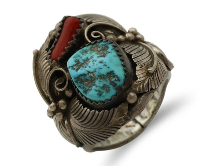 Navajo Ring 925 Silver Blue Turquiose & Mediterranean Coral Native Artist C.80's