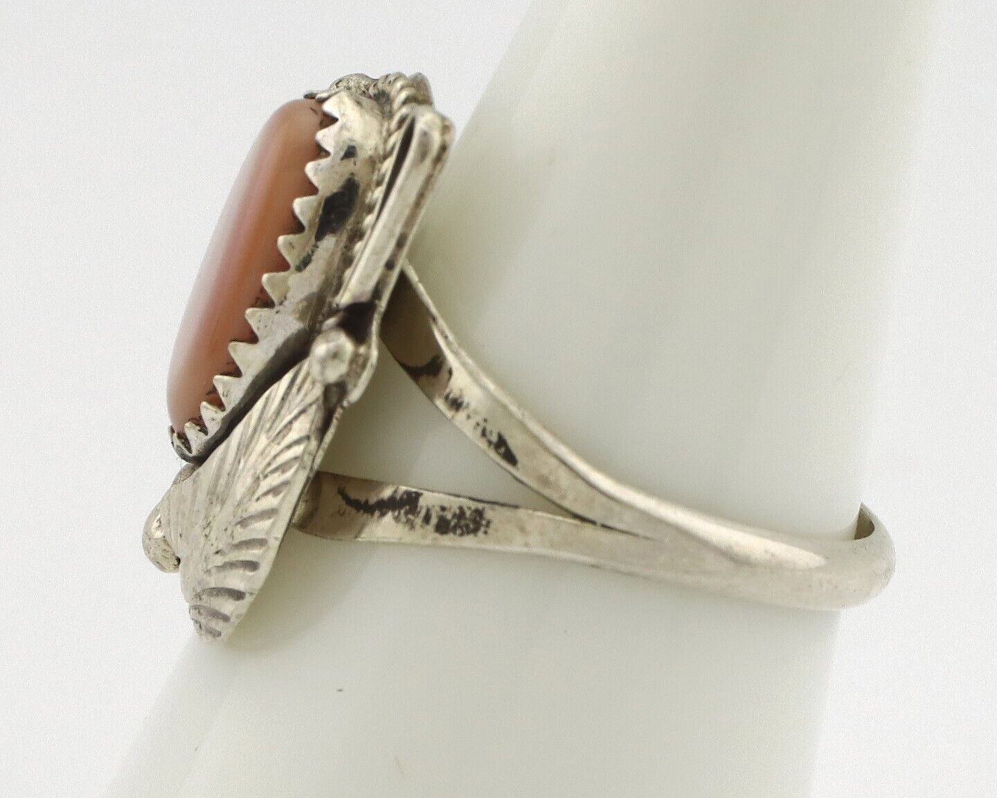 Navajo Ring .925 Silver Natural Pink Mussel Artist Signed Justin Morris C.80's