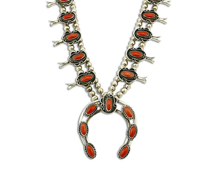 Woman's Navajo Squash Necklace .925 Silver Red Coral C.80's