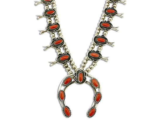 Woman's Navajo Squash Necklace .925 Silver Red Coral C.80's