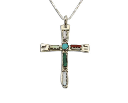 Zuni Handmade Cross Necklace 925 Silver Natural Gemstone Signed L. IULE C.80's
