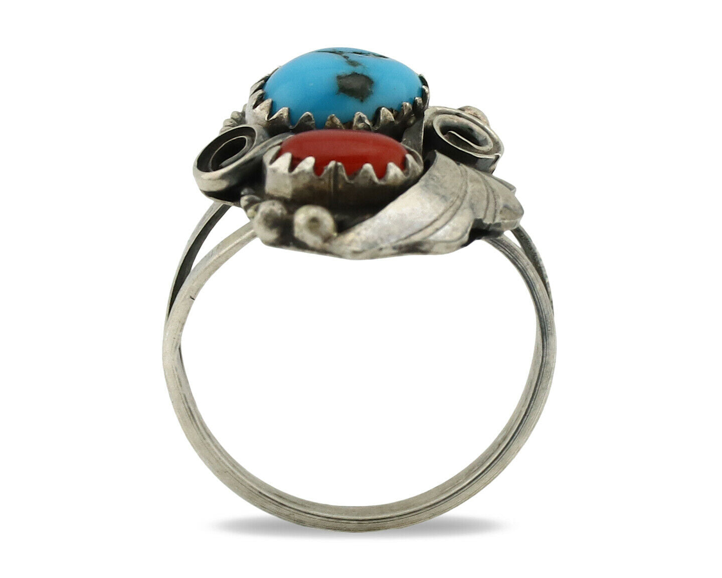 Navajo Ring .925 Silver Morenci Turquoise & Coral Native Artist Signed JM C.80's