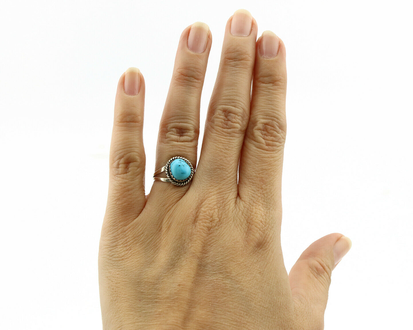 Navajo Ring .925 Silver Sleeping Beauty Turquoise Signed RR C.80's