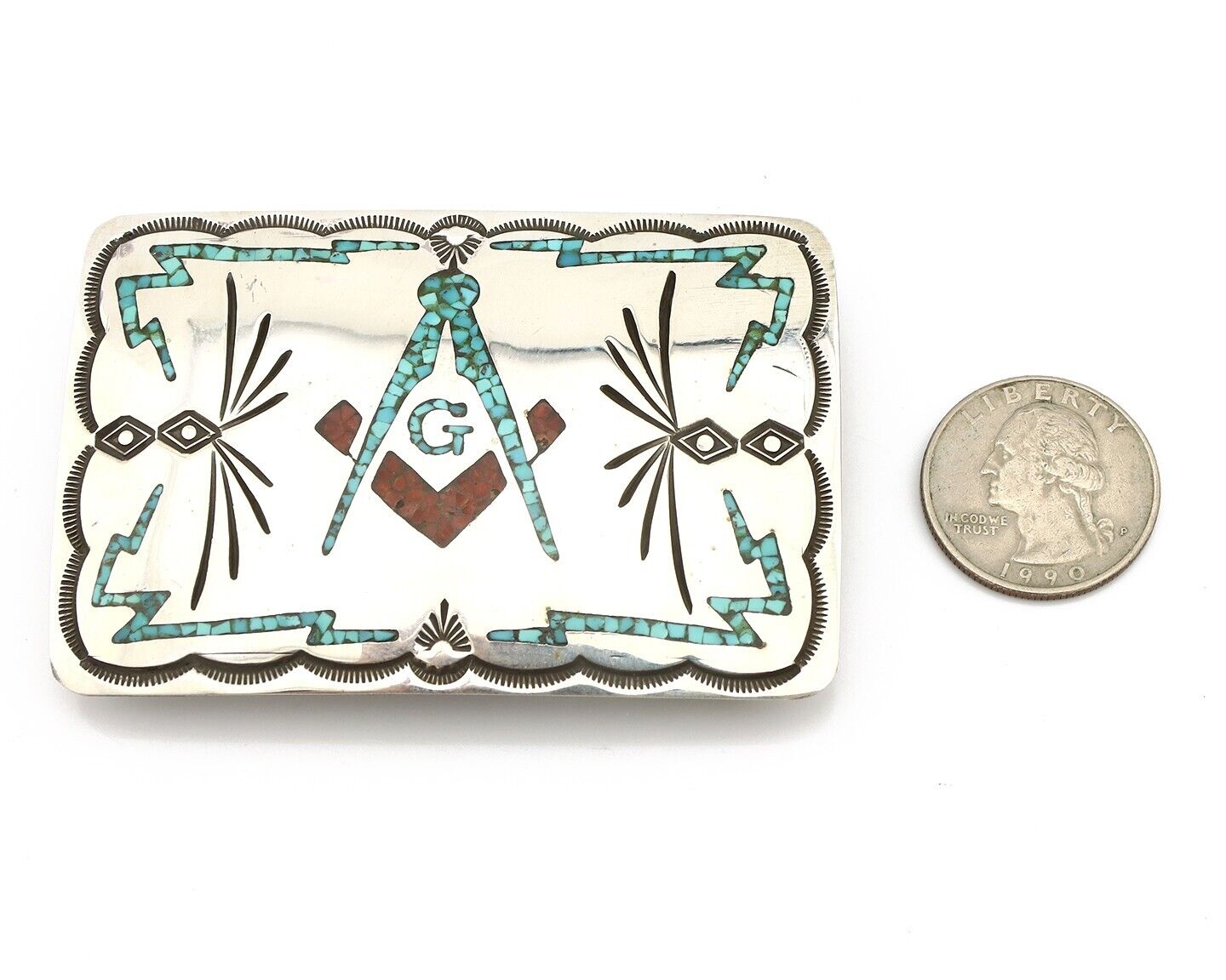 Navajo Belt Buckle .925 Silver Handmade Chip Inlay Artist Signed Bee Gay C.80's