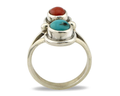 Navajo Handmade Ring 925 Silver Coral & Turquoise Native American Artist C.80's