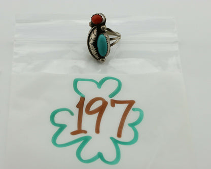 Navajo Ring .925 Silver Turquoise & Coral Native American Artist C.1980's