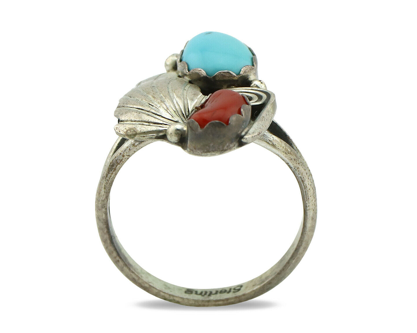 Navajo Ring .925 Silver Turquoise & Coral Native American Artist C.1980's