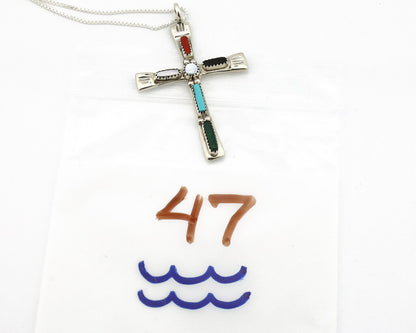 Zuni Handmade Cross Necklace 925 Silver Natural Gemstone Signed C. IULE C.80's