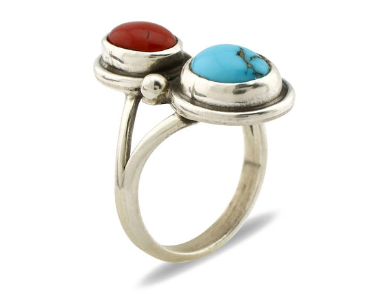 Navajo Handmade Ring 925 Silver Coral & Turquoise Native American Artist C.80's