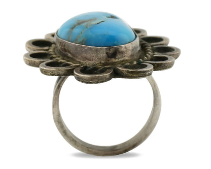 Navajo Ring .925 Silver Globe Turquoise Hand Stamped Native American Artist C80s