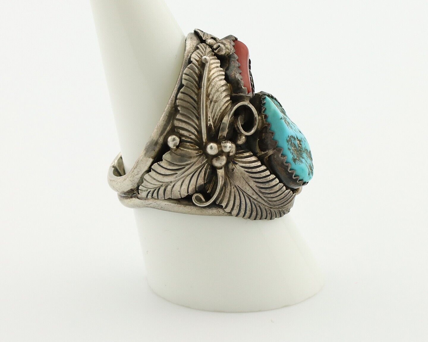 Navajo Ring 925 Silver Blue Turquiose & Mediterranean Coral Native Artist C.80's