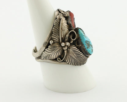 Navajo Ring 925 Silver Blue Turquiose & Mediterranean Coral Native Artist C.80's