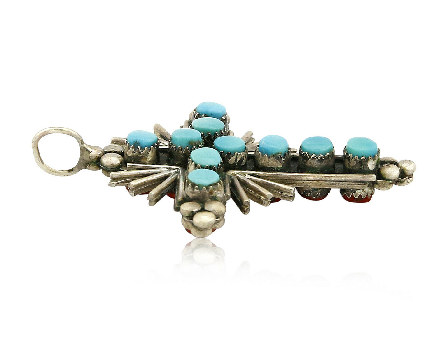 Zuni REAL Turquoise and Coral Reversible 925 Silver Handmade Cross Pendant