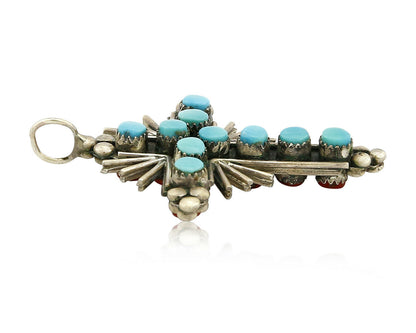 Zuni REAL Turquoise and Coral Reversible 925 Silver Handmade Cross Pendant