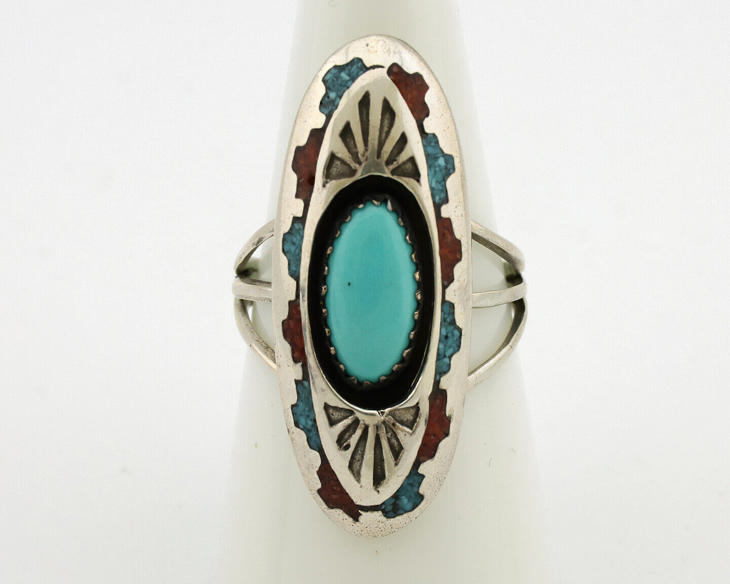 Navajo Ring 925 Silver Turquoise & Coral Signed Circle JW C.80s