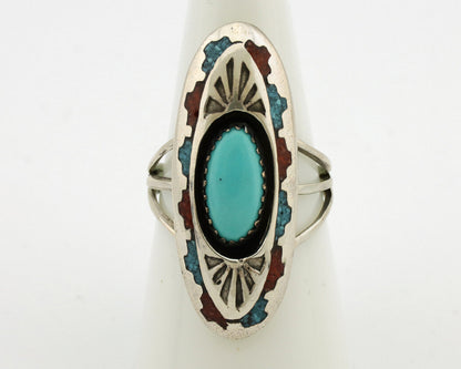 Navajo Ring 925 Silver Turquoise & Coral Signed Circle JW C.80s