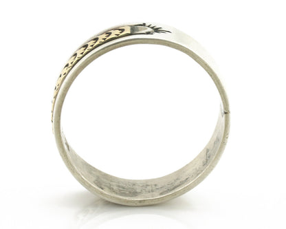Navajo Ring 925 Silver & Solid 14k Yellow Gold Artist Signed E Hand Stamped C80s