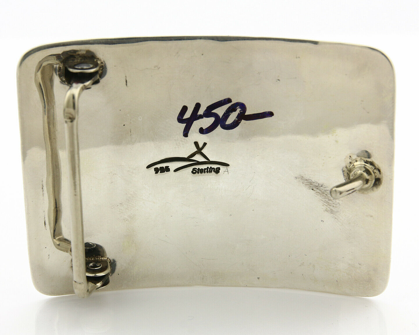 Navajo Belt Buckle .925 Silver Morenci Turquoise Artist Signed Tipi C.80's