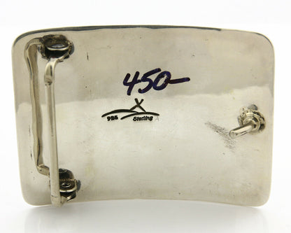 Navajo Belt Buckle .925 Silver Morenci Turquoise Artist Signed Tipi C.80's