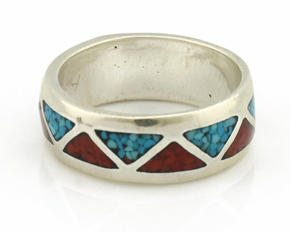 Navajo Ring 925 Silver Natural Turquoise & Coral Native American Artist C.80's