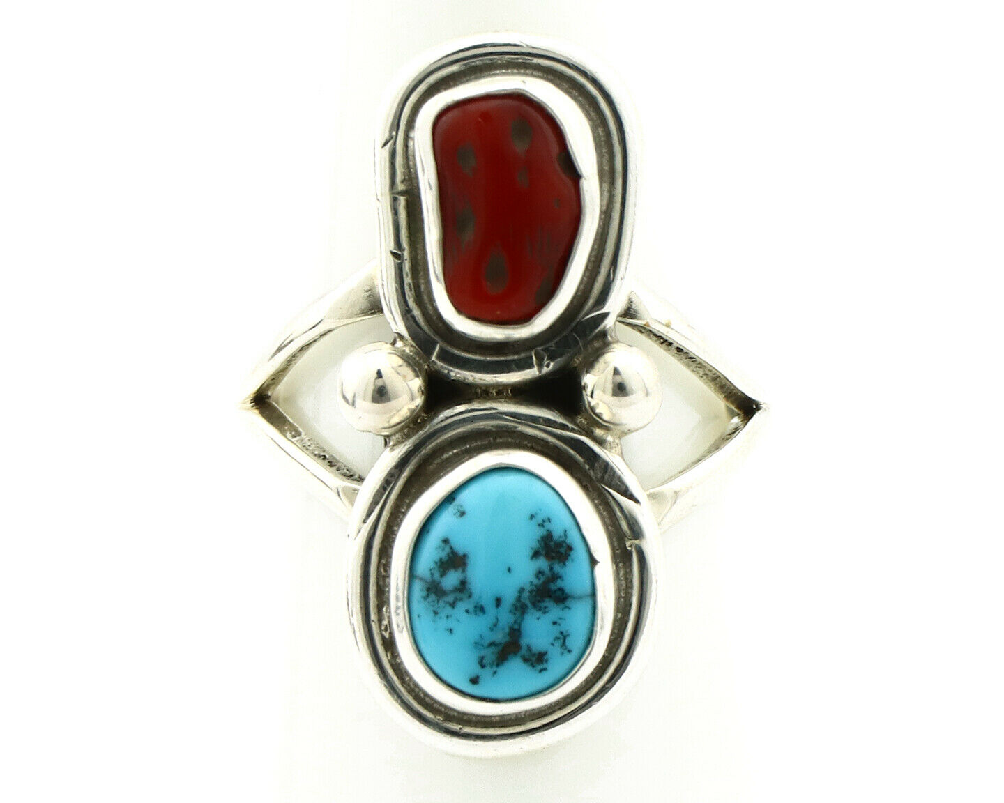 Navajo Ring .925 Silver Red Coral & Blue Turquoise Native Artist C.80's