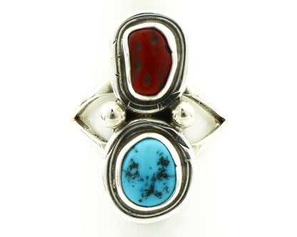 Navajo Ring .925 Silver Red Coral & Blue Turquoise Native Artist C.80's