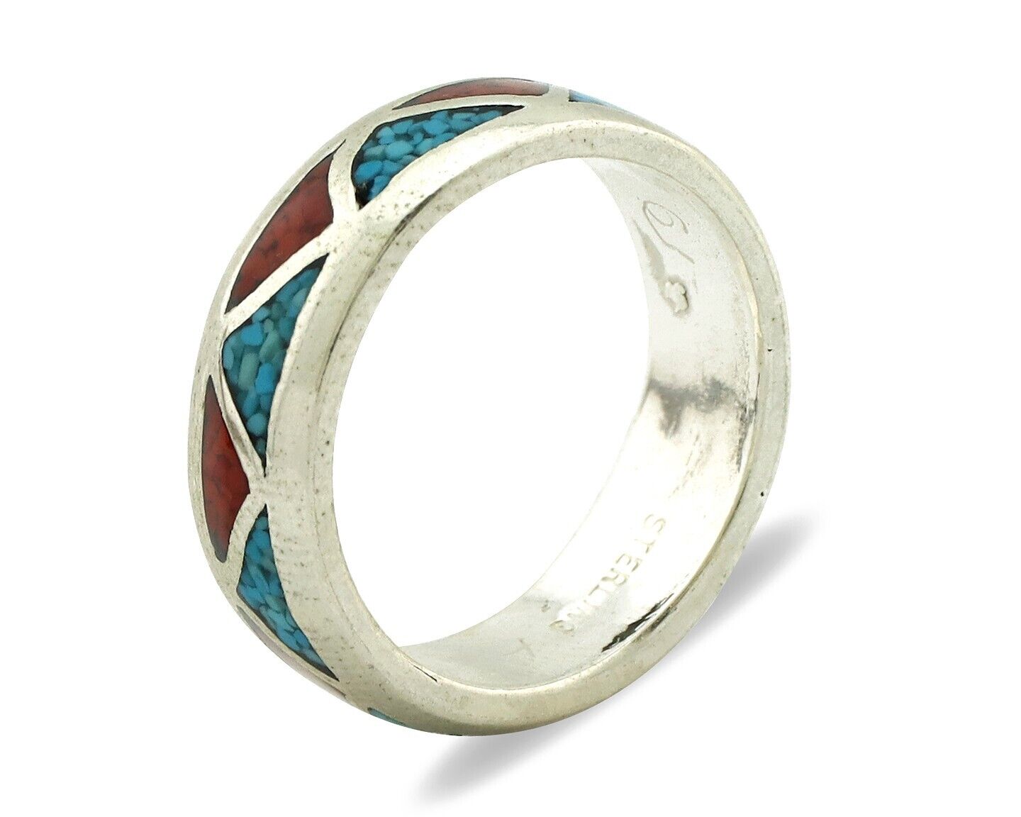 Navajo Chip Inlay Ring 925 Silver Sleeping Beauty Turquoise & Coral Silver Cloud