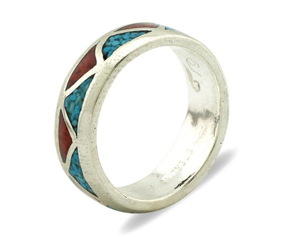 Navajo Chip Inlay Ring 925 Silver Sleeping Beauty Turquoise & Coral Silver Cloud