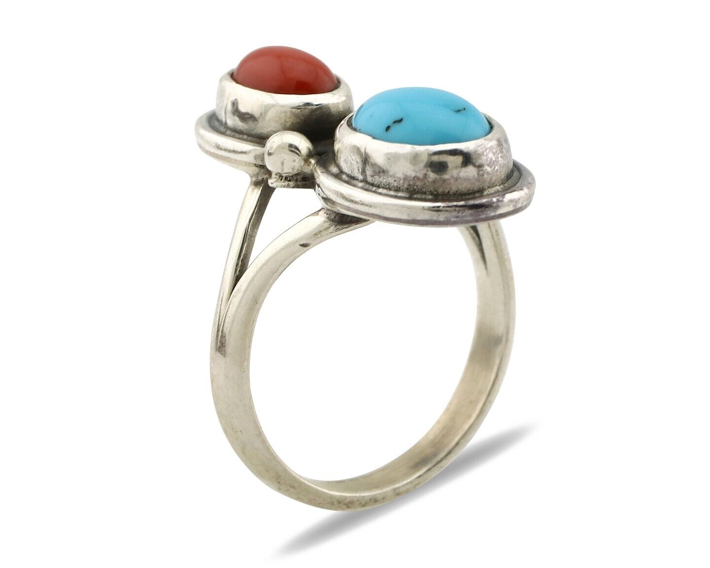 Navajo Inlay Band Ring 925 Silver Turquoise & Coral Native Artist C.80's