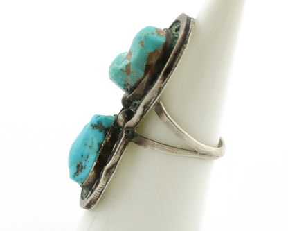 Navajo Ring .925 Silver Globe Turquoise Hand Stamped Native American Artist C80s