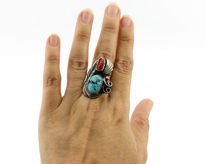 Navajo Ring 925 Silver Turquoise & Coral Artist Signed Native American C.80s