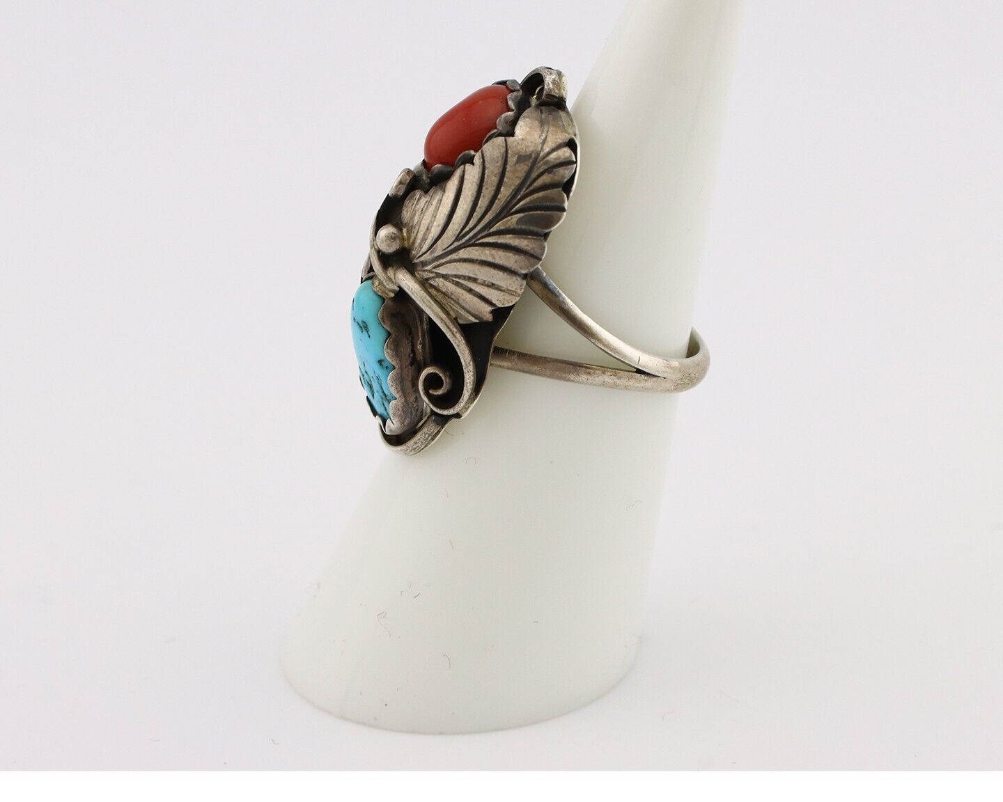 Navajo Handmade Ring 925 Silver Turquiose & Coral Artist Signed E C.80's