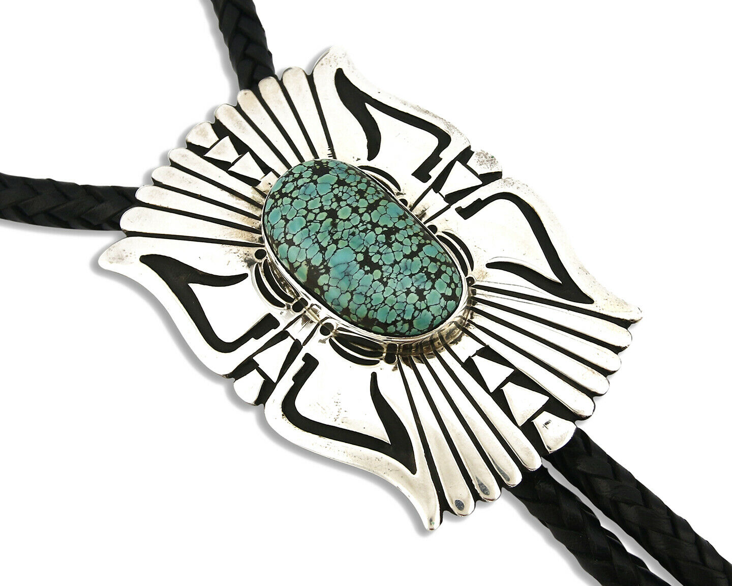 Navajo Turquoise Bolo Tie .925 Silver Spiderweb Turquoise Artist Signed J Billie