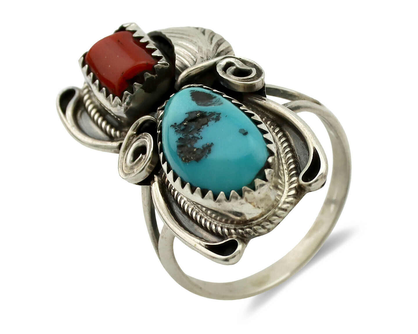 Navajo Ring .925 Silver Turquoise & Coral Artist Signed J Morris C.80's