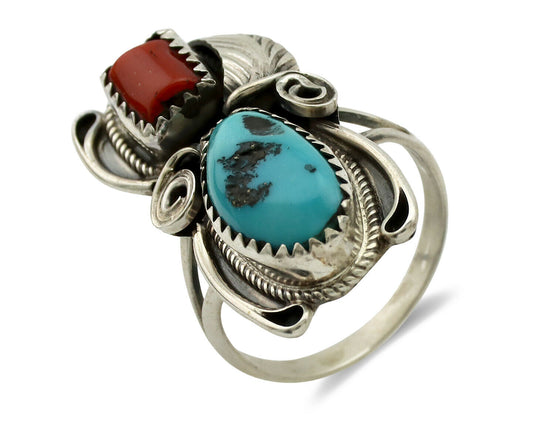 Navajo Ring .925 Silver Turquoise & Coral Artist Signed J Morris C.80's