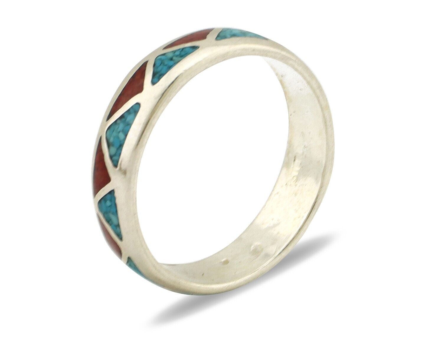 Navajo Chip Inlay Ring 925 Silver Sleeping Beauty Turquoise & Coral Silver Cloud