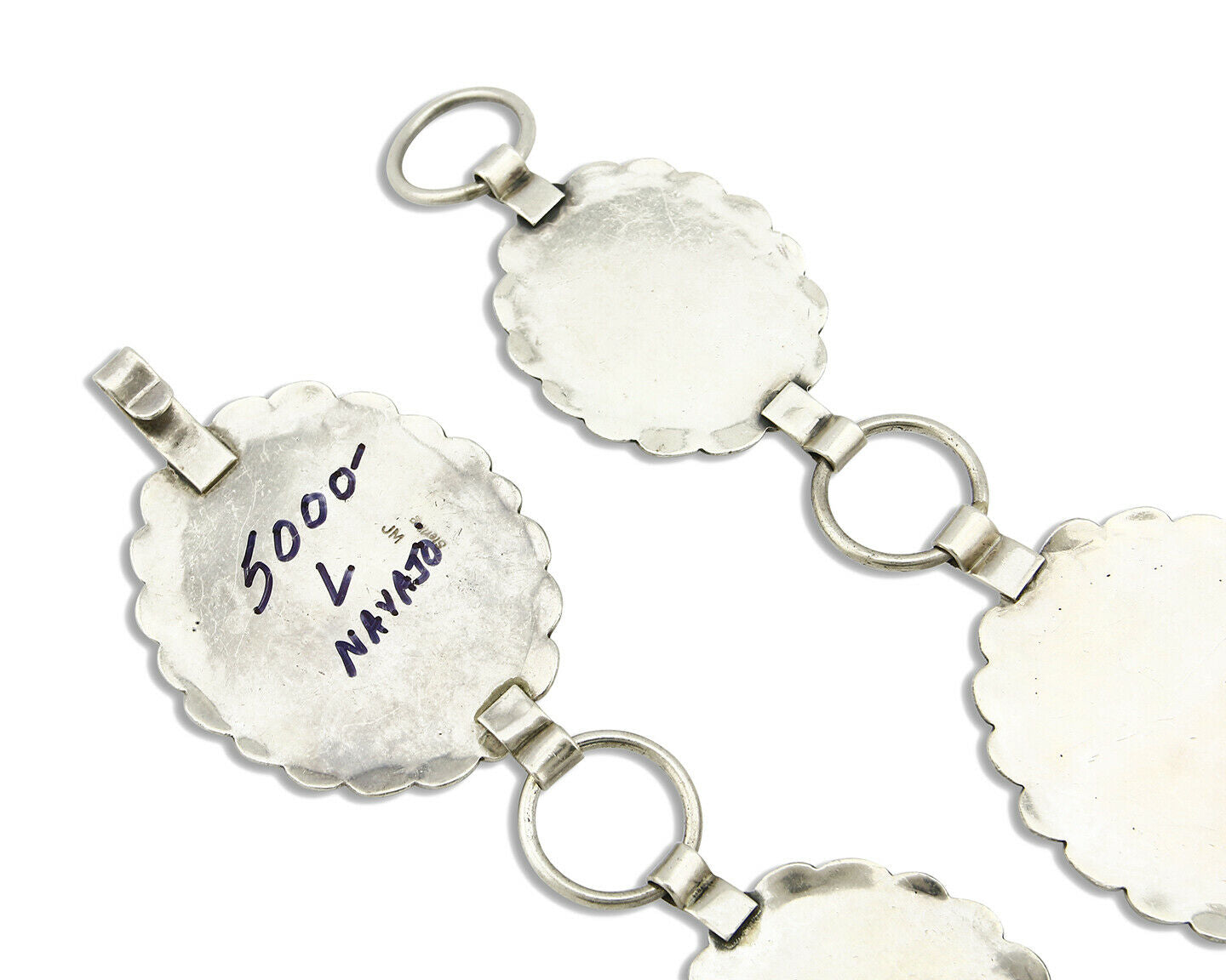 Navajo Concho Belt .925 Silver Turquoise Hand Stamped Signed JM C.80's