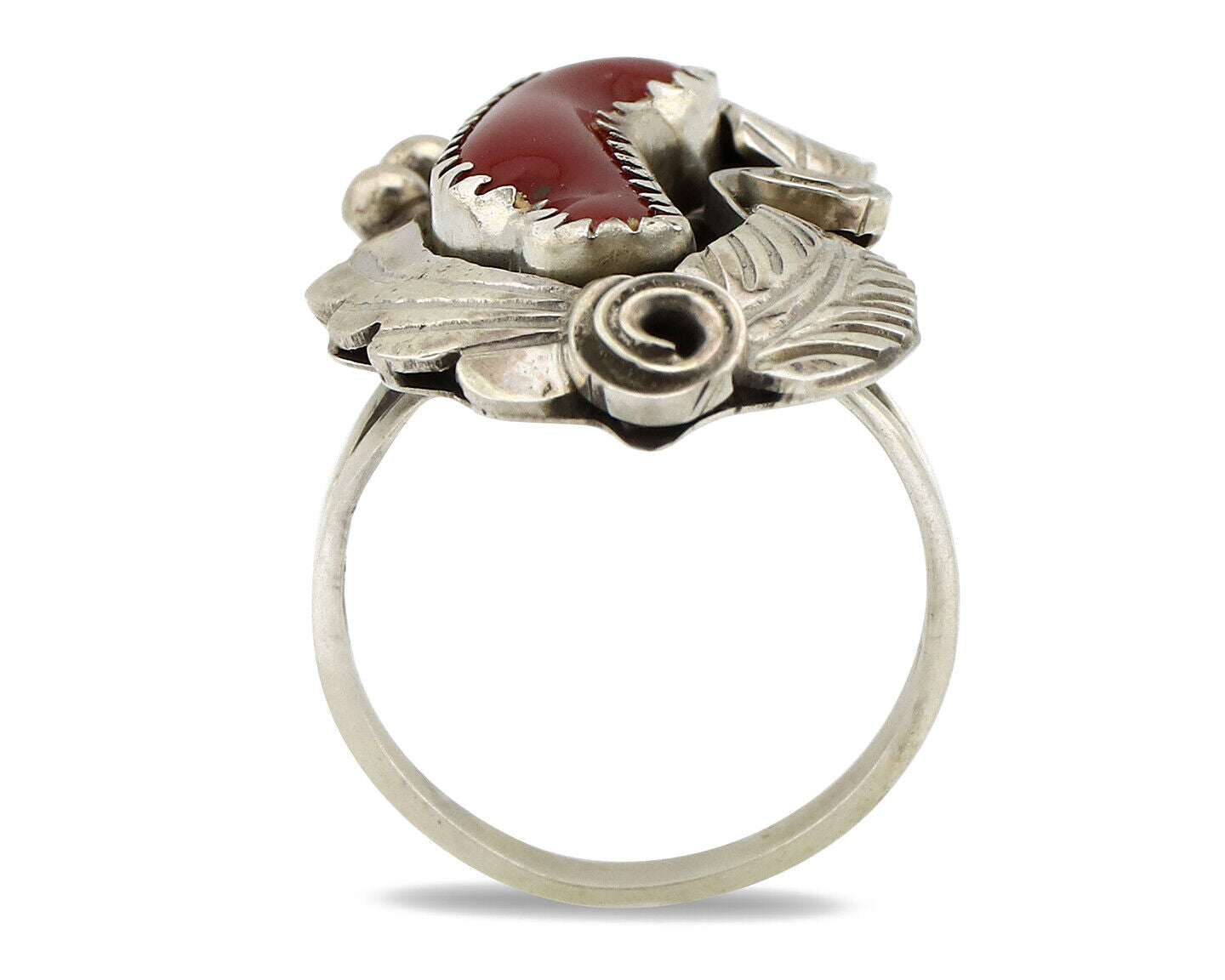 Navajo Ring 925 Silver Mediterranean Coral Artist Signed Justin Morris C.80's