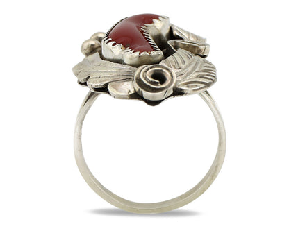 Navajo Ring 925 Silver Mediterranean Coral Artist Signed Justin Morris C.80's
