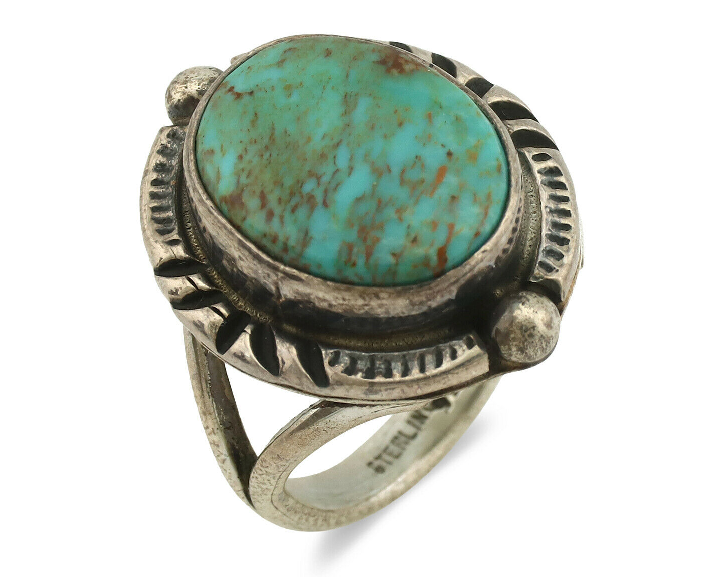 Navajo Ring .925 Silver Kingman Turquoise Artist Signed Gecko C.1980's