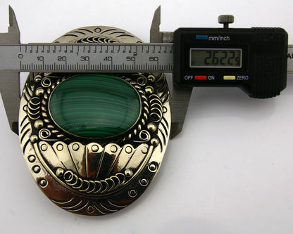 Navajo Handmade Belt Buckle .999 Nickle Silver Malachite Signed Tipi C.80's