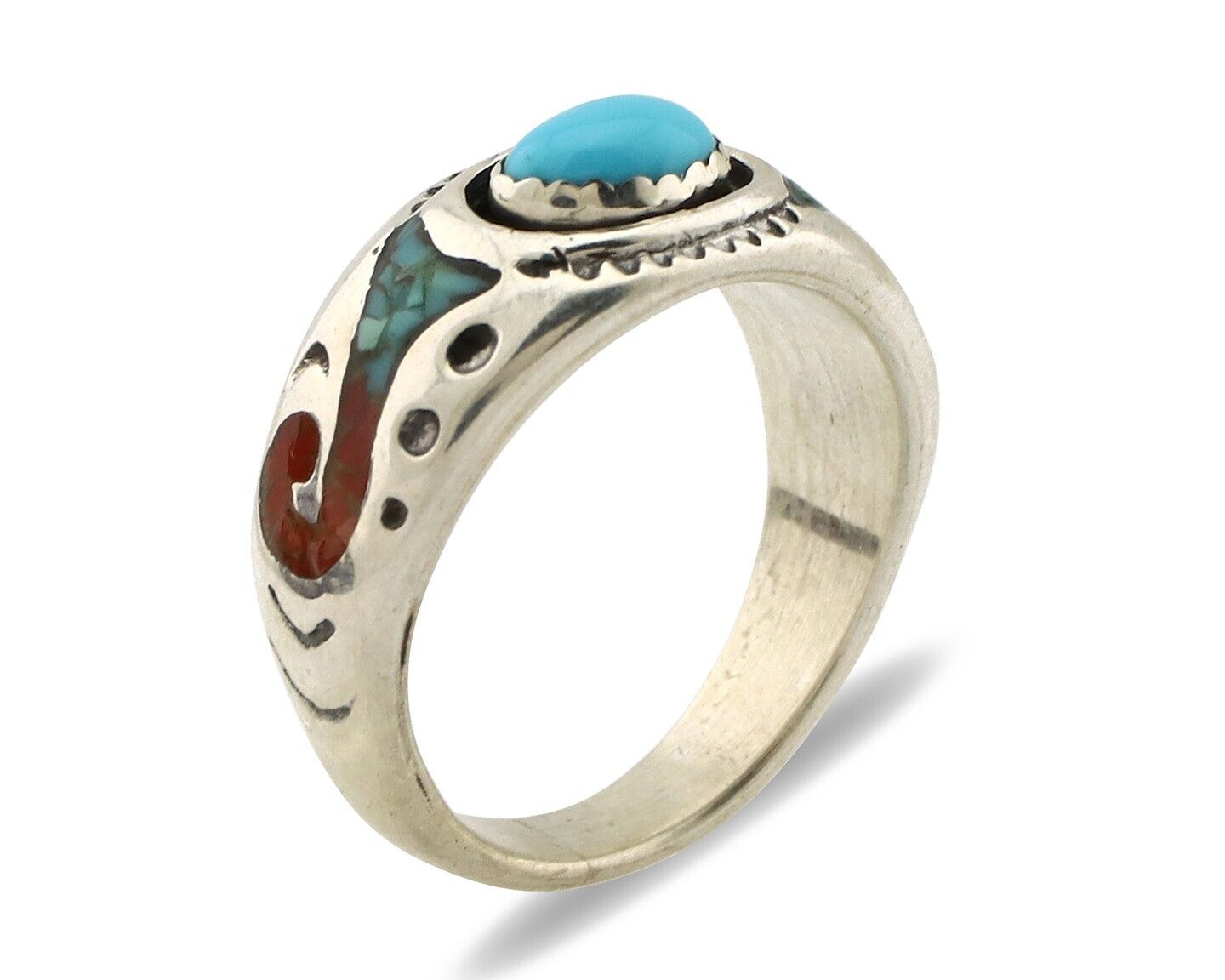 Navajo Inlay Band Ring 925 Silver Turquoise & Coral Native Artist C.80's