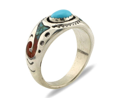 Navajo Inlay Band Ring 925 Silver Turquoise & Coral Native Artist C.80's