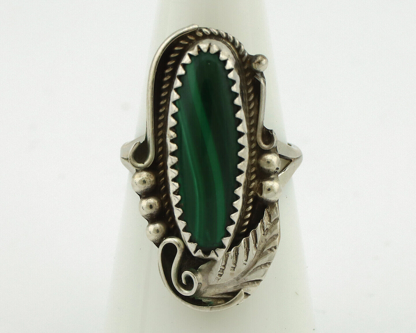 Navajo Ring 925 Silver Natural Green Malachite Signed Justin Morris C.80's