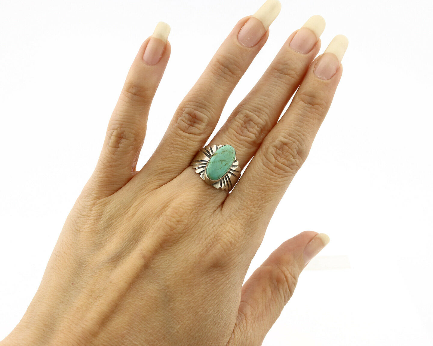 Navajo Ring .925 Silver Kingman Turquoise Artist Signed Apache C.80's