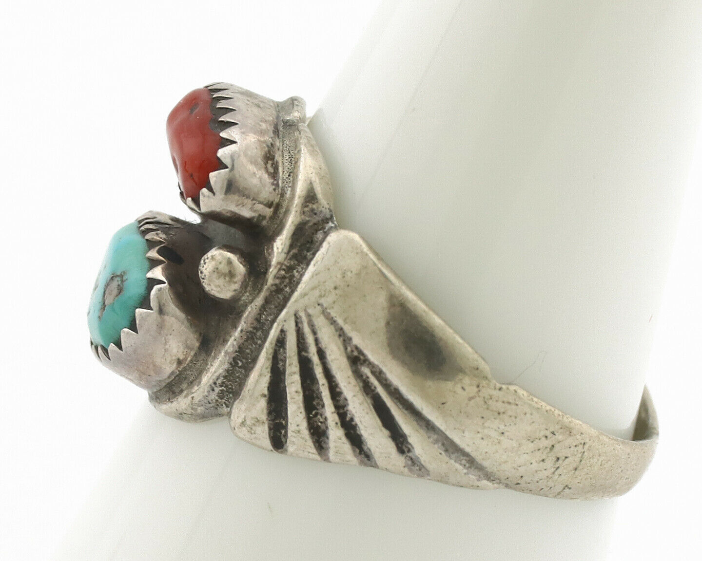 Zuni Ring .925 Silver Natural Turquoise & Coral Native American Artist C.1980's