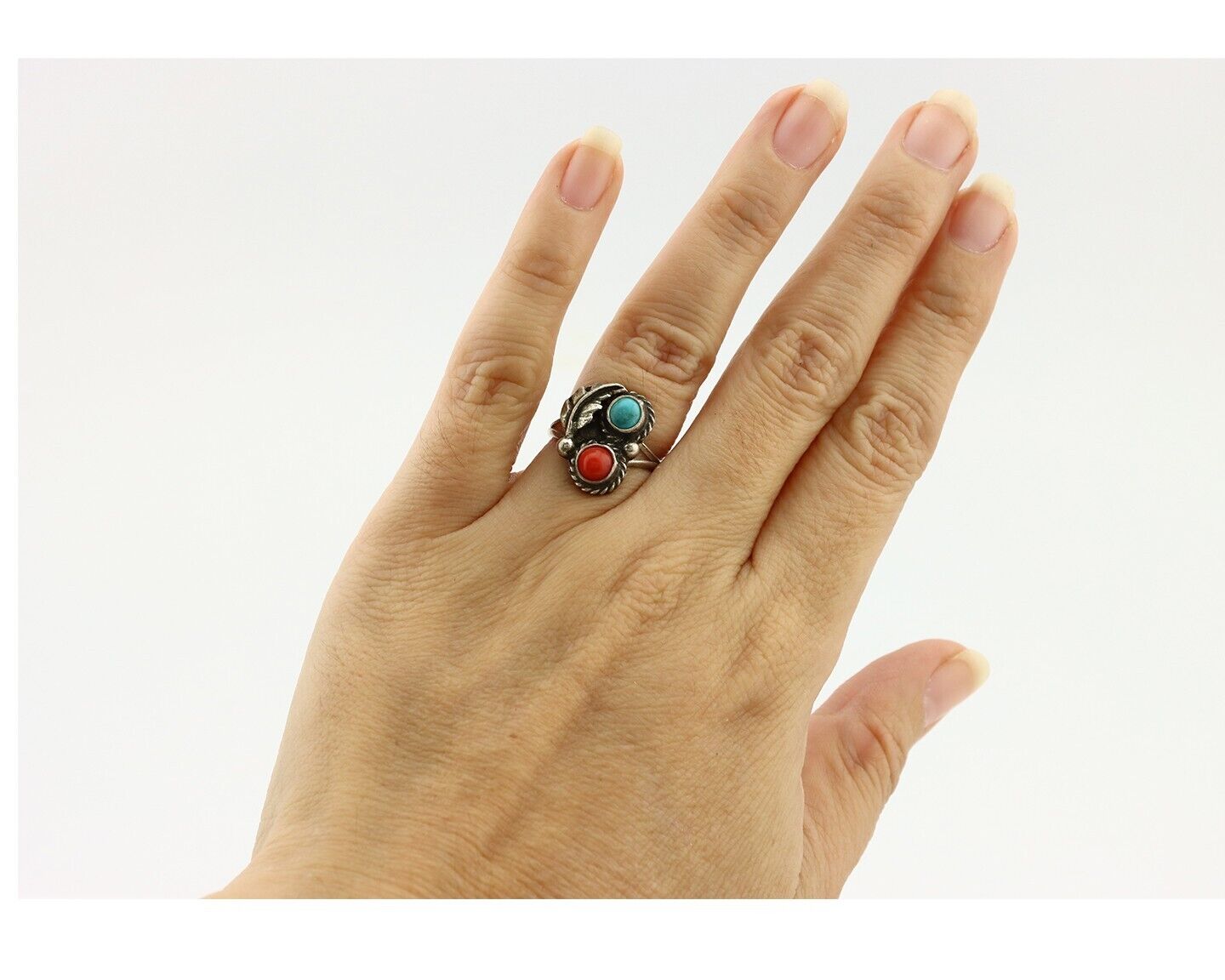Navajo Handmade Ring 925 Silver Turquiose & Coral Native American Artist C.80's