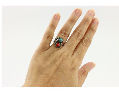 Navajo Handmade Ring 925 Silver Turquiose & Coral Native American Artist C.80's